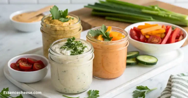Three colorful vegan dipping sauces for cheese sticks in mason jars, surrounded by fresh vegetables like tomatoes, cucumbers, and bell peppers on a white serving board.