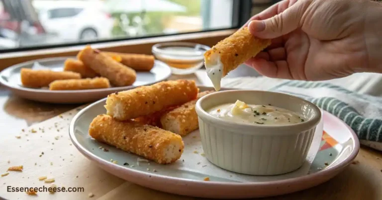 Hand dipping a crispy cheese stick into a bowl of creamy ranch dressing.