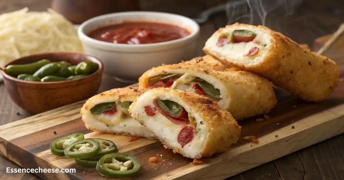 Golden stuffed cheese sticks sliced open to reveal melted cheese, jalapeños, and pepperoni on a wooden board.