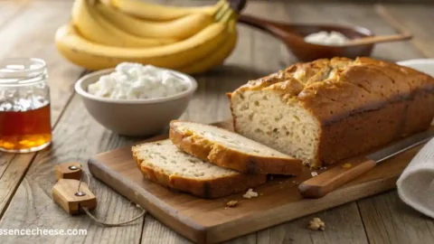 Freshly baked cottage cheese banana bread loaf sliced on a wooden table with bananas and cottage cheese in the background.