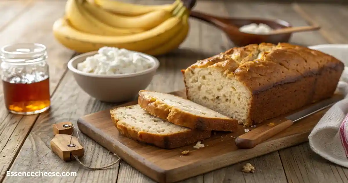 Freshly baked cottage cheese banana bread loaf sliced on a wooden table with bananas and cottage cheese in the background.