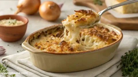 Baked French onion soup mac and cheese in a ceramic dish with a golden breadcrumb crust, a serving spoon lifting a cheesy portion.
