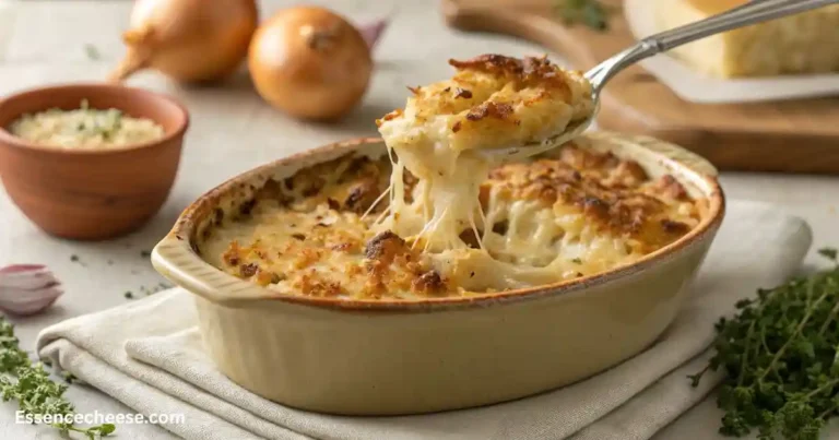 Baked French onion soup mac and cheese in a ceramic dish with a golden breadcrumb crust, a serving spoon lifting a cheesy portion.