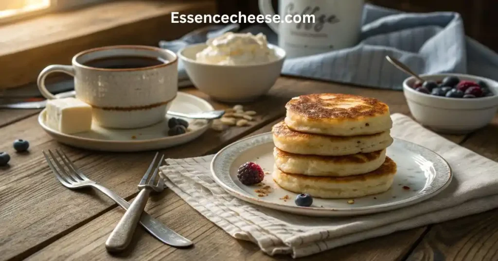 Cozy breakfast table with a stack of cottage cheese protein pancakes served with coffee, fresh berries, and cream.