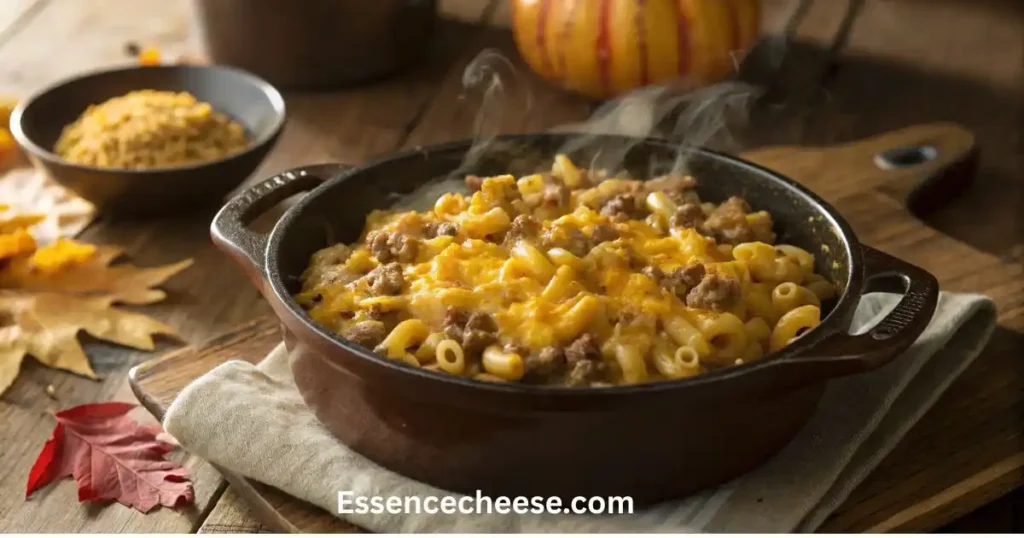 A steaming skillet of freshly baked cheeseburger macaroni topped with melted cheddar cheese, resting on a rustic wooden board.