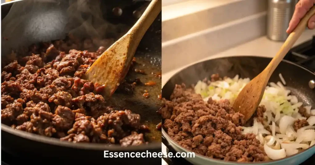Ground beef browning in a skillet with onions being sautéed, stirred with a wooden spoon during the early steps of making cheeseburger macaroni.