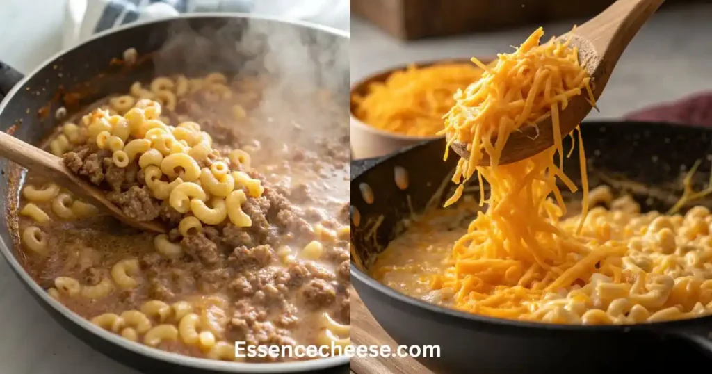 Elbow macaroni simmering with ground beef in a skillet, followed by shredded cheddar cheese being added to create a creamy cheeseburger macaroni sauce.