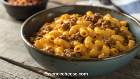 A bowl of homemade cheeseburger macaroni with ground beef and creamy melted cheese sauce, served on a rustic wooden table.