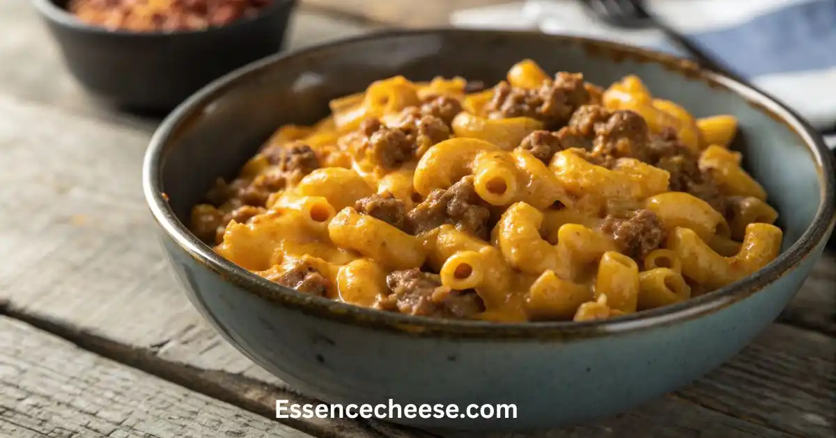 A bowl of homemade cheeseburger macaroni with ground beef and creamy melted cheese sauce, served on a rustic wooden table.