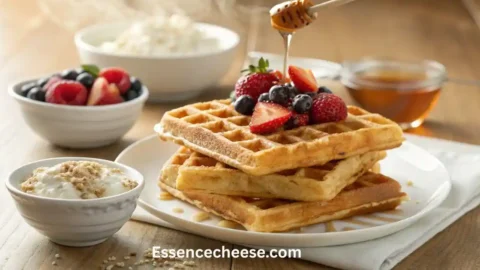 Golden cottage cheese waffles topped with fresh berries and honey drizzle, served with bowls of Greek yogurt and fruit on a wooden breakfast table.