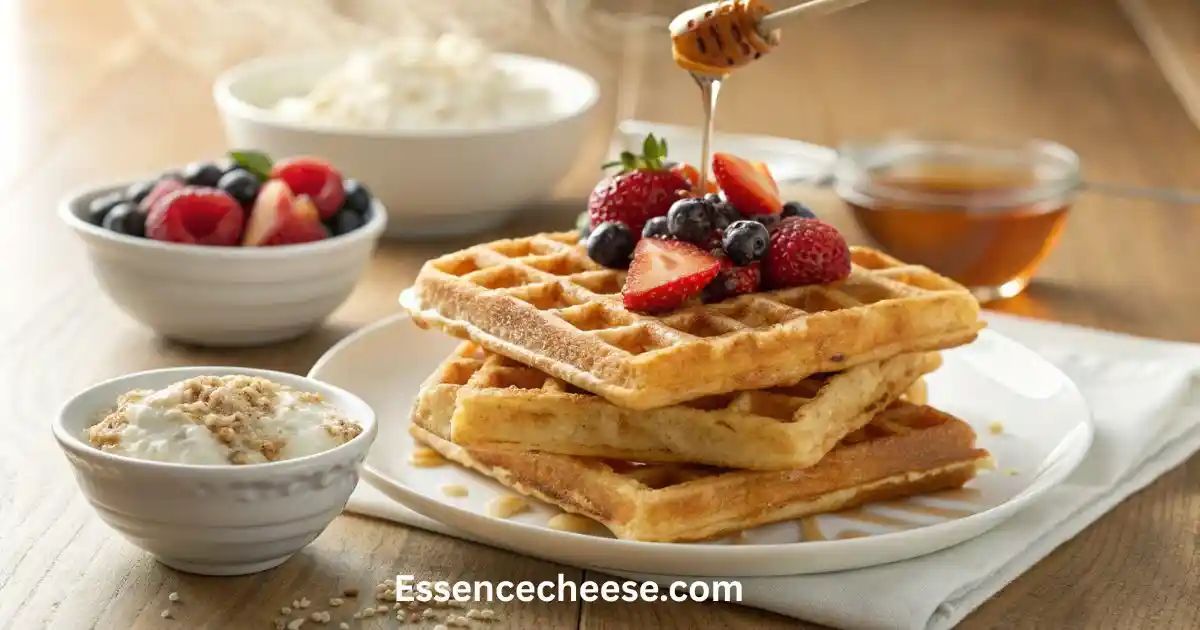 Golden cottage cheese waffles topped with fresh berries and honey drizzle, served with bowls of Greek yogurt and fruit on a wooden breakfast table.